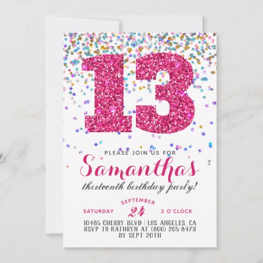 Uitnodiging voor 13e verjaardag met confetti (Voorkant)