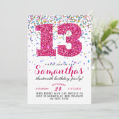 Uitnodiging voor 13e verjaardag met confetti (Staand voorkant)
