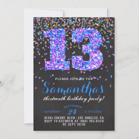 Uitnodiging voor 13e verjaardag met confetti (Voorkant)