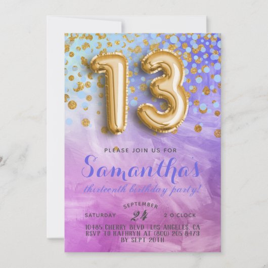 Uitnodiging voor 13e verjaardag met confetti (Voorkant)