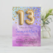 Uitnodiging voor 13e verjaardag met confetti (Staand voorkant)