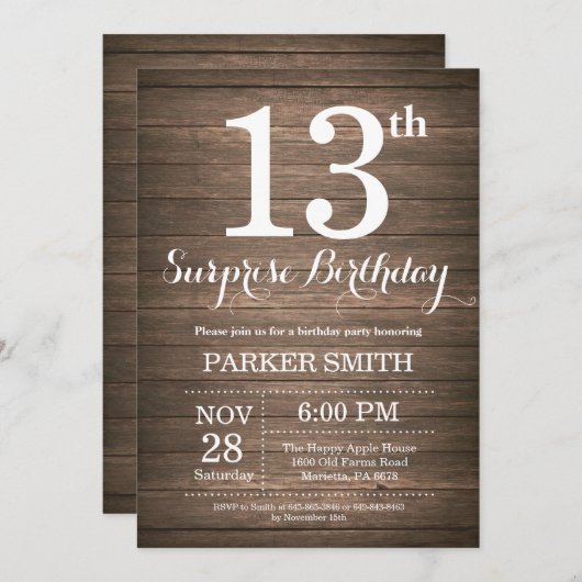 Uitnodiging voor 13e verjaardag met rustieke verra (Voorkant / Achterkant)