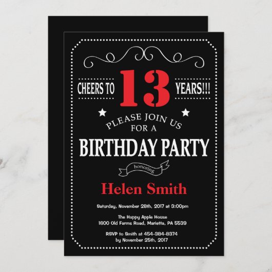 Uitnodiging voor 13e verjaardag Rood en Zwart Scho (Voorkant / Achterkant)