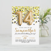 Uitnodiging voor 14e verjaardag met confetti (Staand voorkant)