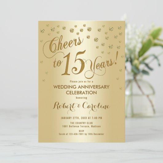 Uitnodiging voor 15-jarig huwelijksjubileum in gou (Staand voorkant)