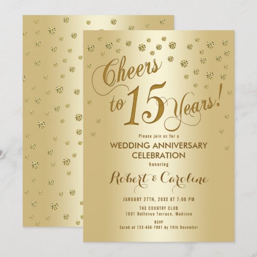Uitnodiging voor 15-jarig huwelijksjubileum in gou (Voorkant / Achterkant)