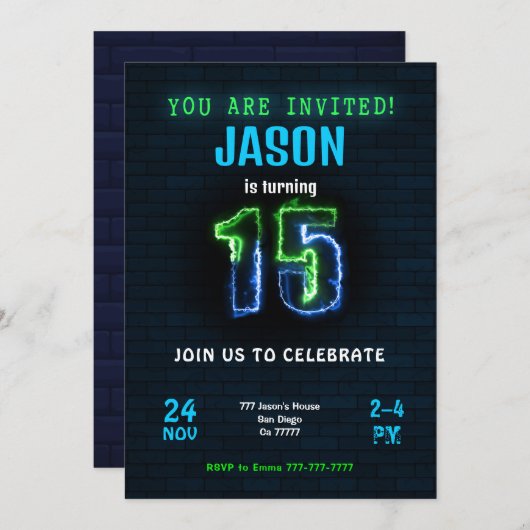 Uitnodiging voor 15e verjaardag jongen (Voorkant / Achterkant)
