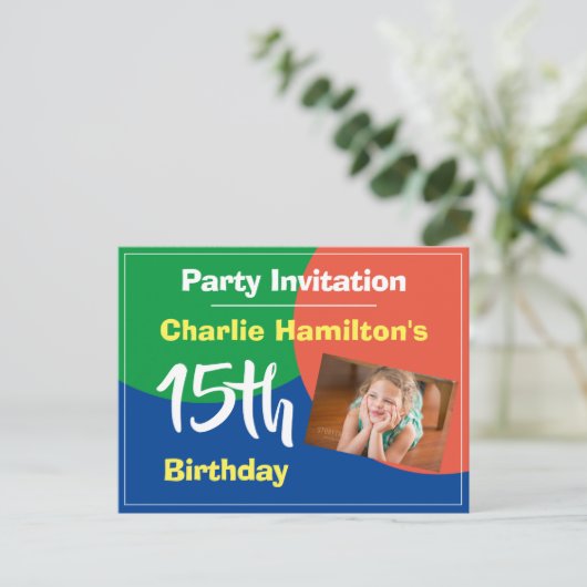 Uitnodiging voor 15e verjaardag met foto ansichtka (Staand voorkant)