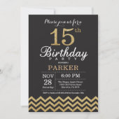 Uitnodiging voor 15e verjaardag Zwart en Goud Glit (Voorkant)