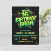 Uitnodiging voor 16e verjaardag jongen Neon Graffi (Staand voorkant)