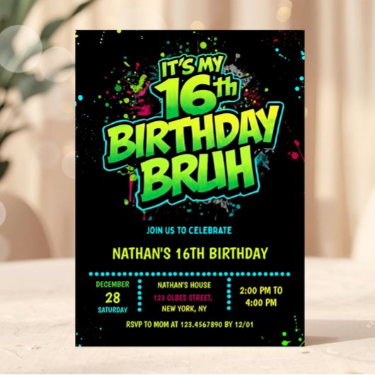 Uitnodiging voor 16e verjaardag jongen Neon Graffi