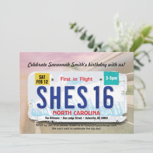 Uitnodiging voor 16e verjaardag meisje met rijbewi (Staand voorkant)