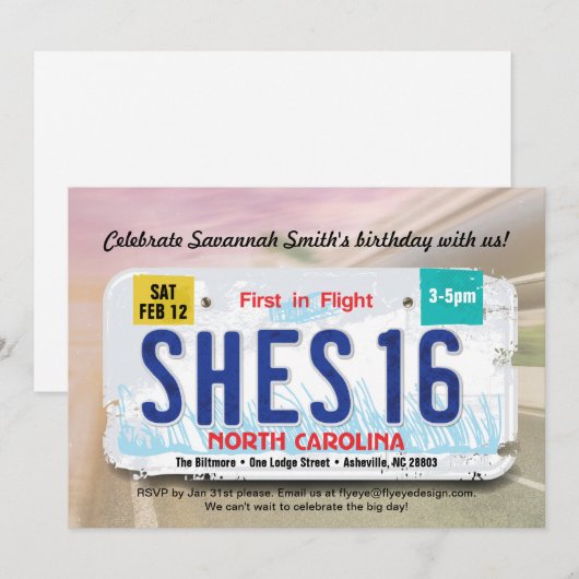 Uitnodiging voor 16e verjaardag meisje met rijbewi (Voorkant / Achterkant)