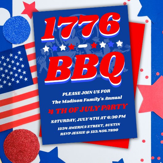Uitnodiging voor 1776 BBQ-feest met vuurwerk 's av