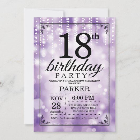 Uitnodiging voor 18e verjaardag paarse glitter (Voorkant)