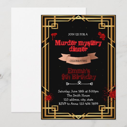 Uitnodiging voor 1920s Murder Mystery Dinner (Voorkant / Achterkant)