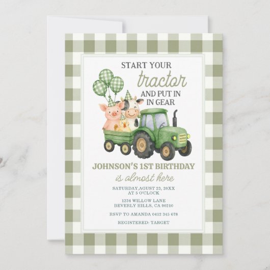 Uitnodiging voor 1e verjaardag Groene Tractor (Voorkant)
