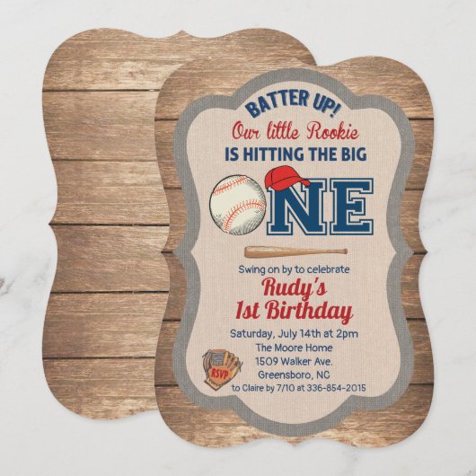 Uitnodiging voor 1e verjaardag honkbal (Voorkant / Achterkant)