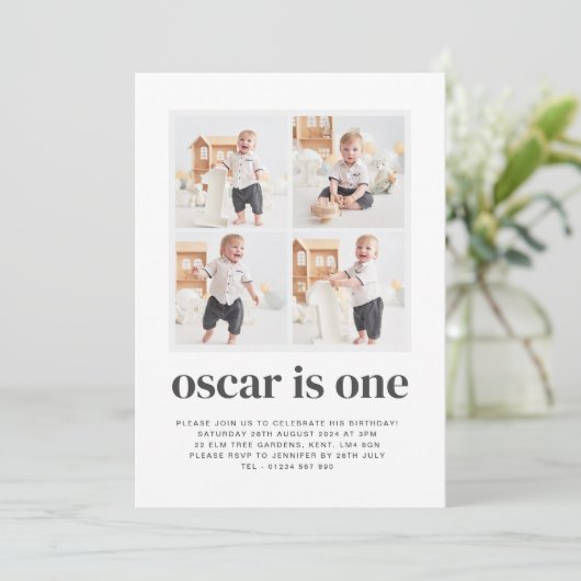 Uitnodiging voor 1e verjaardag jongen met fotocoll (Staand voorkant)