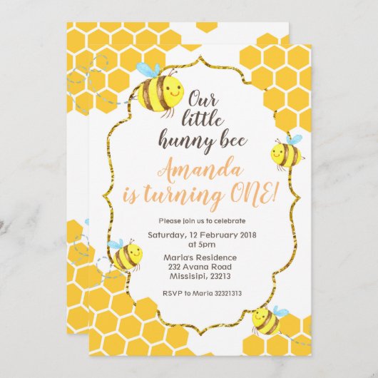 Uitnodiging voor 1e verjaardag Little Bee voor jon (Voorkant / Achterkant)