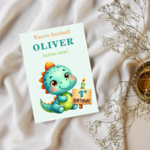 Uitnodiging voor 1e verjaardag met cute dinosaurus
