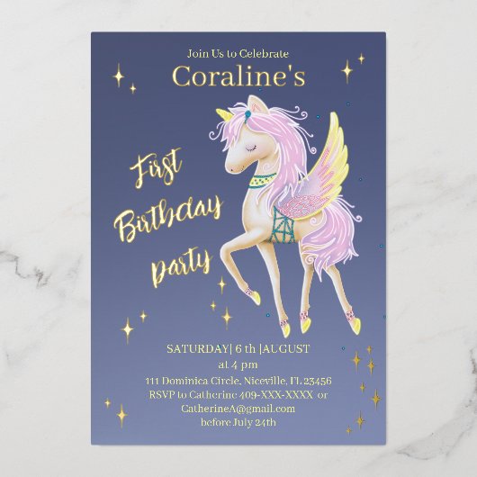 Uitnodiging voor 1e verjaardag met eenhoorn. (Voorkant)