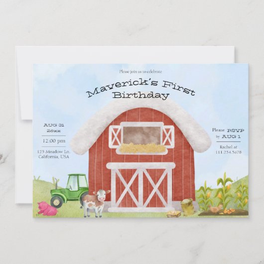 Uitnodiging voor 1e verjaardag met leuk boerderij  (Voorkant)