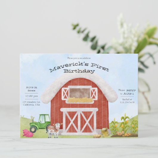 Uitnodiging voor 1e verjaardag met leuk boerderij  (Staand voorkant)