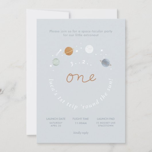 Uitnodiging voor 1e verjaardag met ruimte thema 'E (Voorkant)
