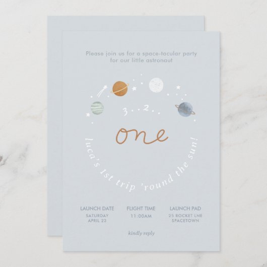 Uitnodiging voor 1e verjaardag met ruimte thema 'E (Voorkant / Achterkant)