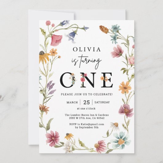 Uitnodiging voor 1e verjaardag met wilde bloemen t (Voorkant)