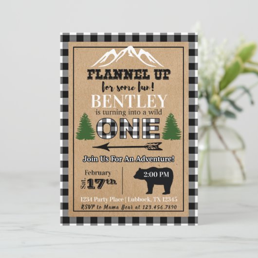 Uitnodiging voor 1e verjaardag met witte zwarte bu (Staand voorkant)