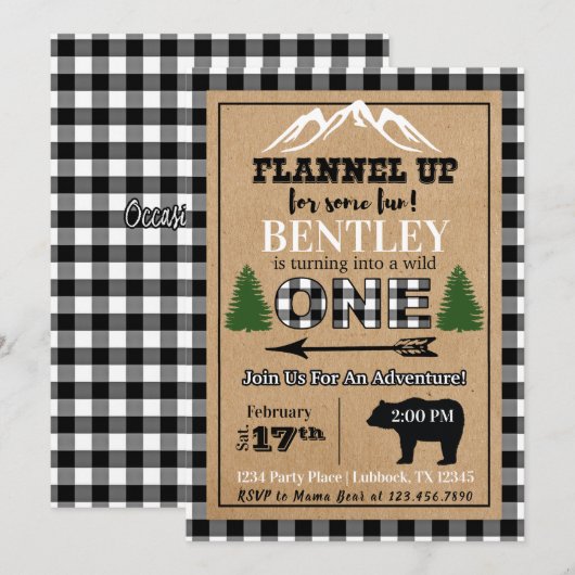 Uitnodiging voor 1e verjaardag met witte zwarte bu (Voorkant / Achterkant)