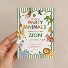 Uitnodiging voor 1e verjaardag Party Animals Green
