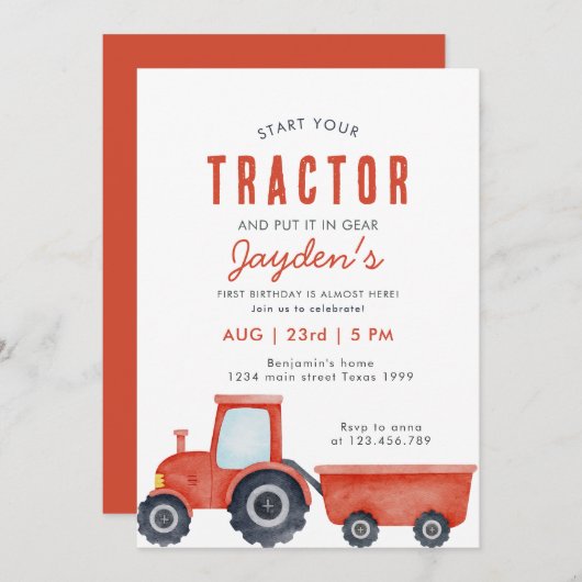 Uitnodiging voor 1e verjaardag Red Tractor Farm Bo (Voorkant / Achterkant)