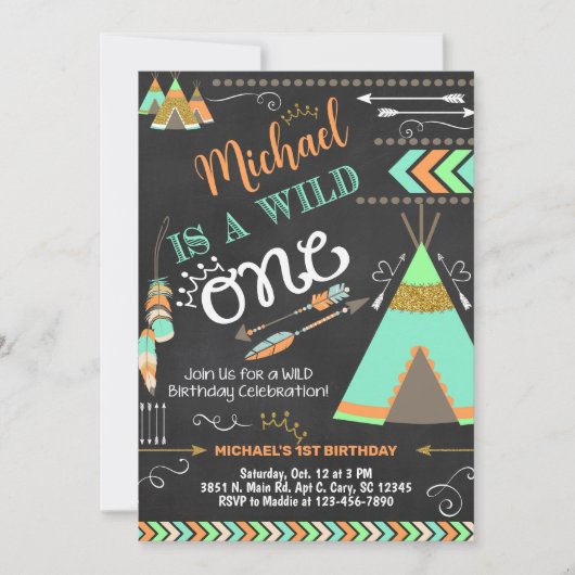 Uitnodiging voor 1e verjaardag Teepee Wild One jon (Voorkant)