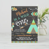 Uitnodiging voor 1e verjaardag Teepee Wild One jon (Staand voorkant)