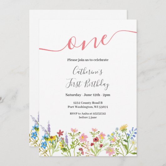 Uitnodiging voor 1e verjaardag van A Little Wildfl (Voorkant / Achterkant)