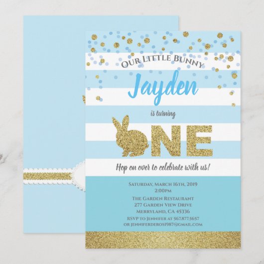 Uitnodiging voor 1e verjaardag van bunny boy in bl (Voorkant / Achterkant)