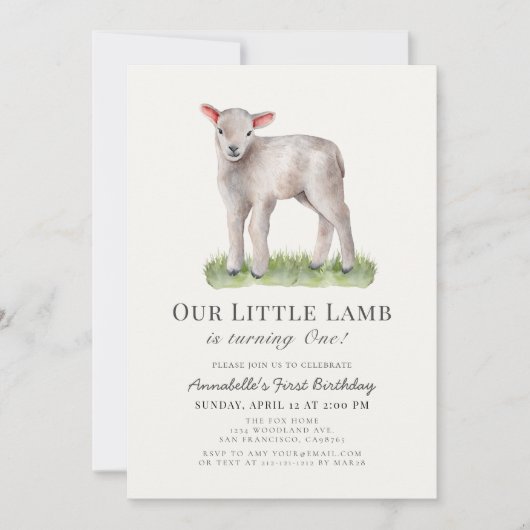 Uitnodiging voor 1e verjaardag van Little Lamb (Voorkant)