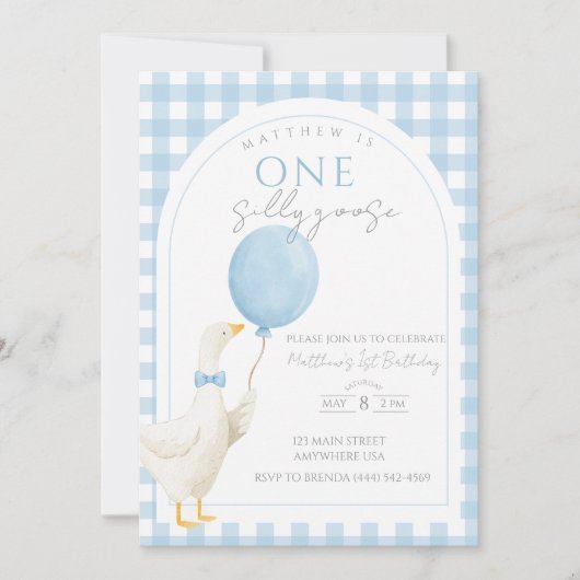 Uitnodiging voor 1e verjaardag van One Silly Goose (Voorkant)