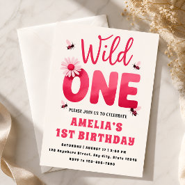 Uitnodiging voor 1e verjaardag Wild One Meisje Roz