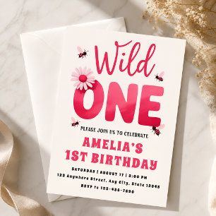 Uitnodiging voor 1e verjaardag Wild One Meisje Roz
