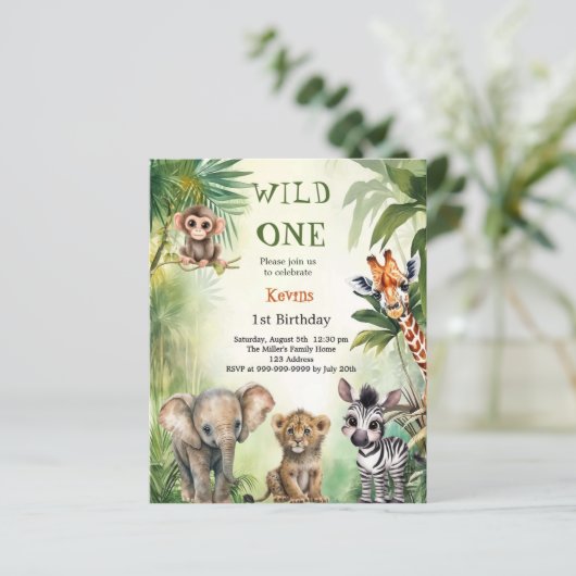 Uitnodiging voor 1e verjaardag 'Wilde safari jungl (Staand voorkant)