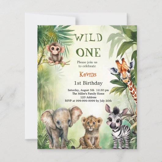 Uitnodiging voor 1e verjaardag 'Wilde safari jungl (Voorkant)