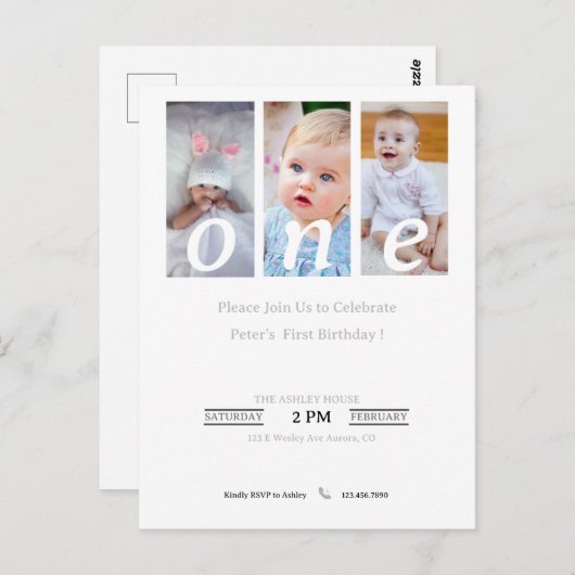 Uitnodiging voor 1e verjaardagsfeestje voor jongen (Voorkant / Achterkant)