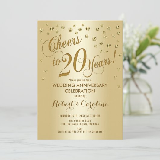Uitnodiging voor 20-jarig huwelijksjubileum in gou (Staand voorkant)