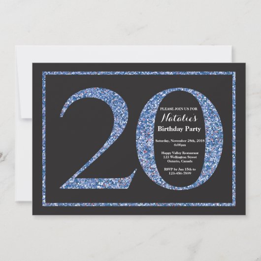 Uitnodiging voor 20e verjaardag Blauwe Glitterscho (Voorkant)