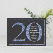Uitnodiging voor 20e verjaardag Blauwe Glitterscho (Staand voorkant)