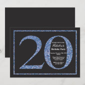Uitnodiging voor 20e verjaardag Blauwe Glitterscho (Voorkant / Achterkant)